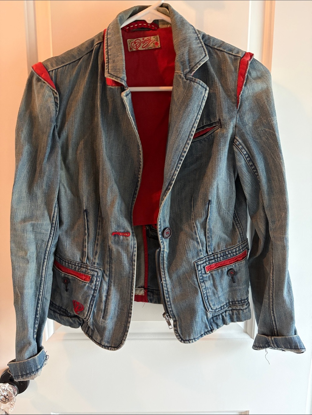 Women's Denim Blazer Jacket with Red Trim by